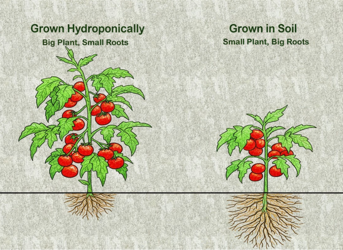 Tomato plant comparison: left shows hydroponic growth with big foliage and small roots; right shows soil growth with smaller foliage and larger roots.
