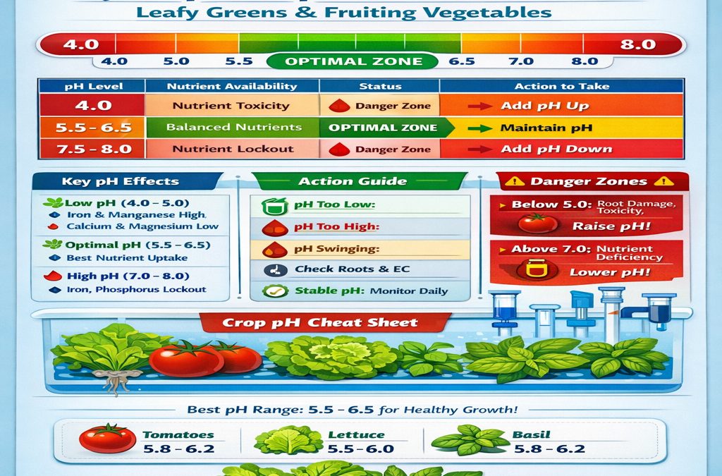 Hydroponic pH Scale Guide for leafy greens and fruiting vegetables; shows pH ranges (4.0–8.0), optimal zone at 5.5–6.5, danger zones, nutrient guidance, and crop targets.