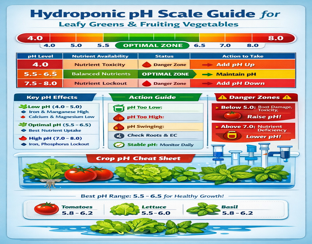 Hydroponic pH Scale Guide for leafy greens and fruiting vegetables; shows pH ranges (4.0–8.0), optimal zone at 5.5–6.5, danger zones, nutrient guidance, and crop targets.