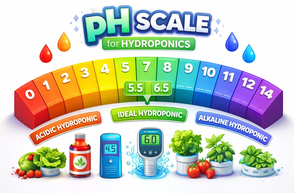 Colorful pH scale 0–14 with an 'Ideal Hydroponic' band and acidic/alkaline labels for hydroponics guidance.