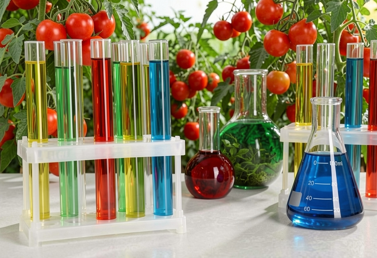 Colorful test tubes with yellow, green, red, and blue liquids in a rack, with tomato plants in the background.